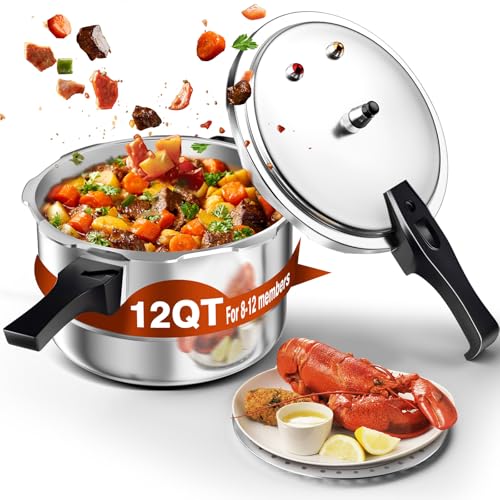 Image of WantJoin 12 Qt Aluminum Pressure Cooker - Gas & Induction Stovetop Compatible Pressure Pot with Release Valve, Multiple Safety Features and Removable Steaming Rack