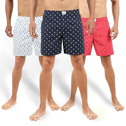 Image of ALPHABETS Men's Cotton Regular Striped Boxer Briefs (Pack of 3) Dark Blue, Red, White