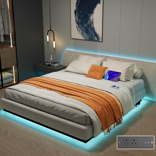 La Mejor Lista de Cama queen size para comprar hoy. 46 SAFONUS Base Cama King Size Flotante - con Luces LED Ajustables, Regleta de enchufes con USB, Plataforma de Metal con Listones de Acero Resistente con 9 Puntos de Soporte, no...