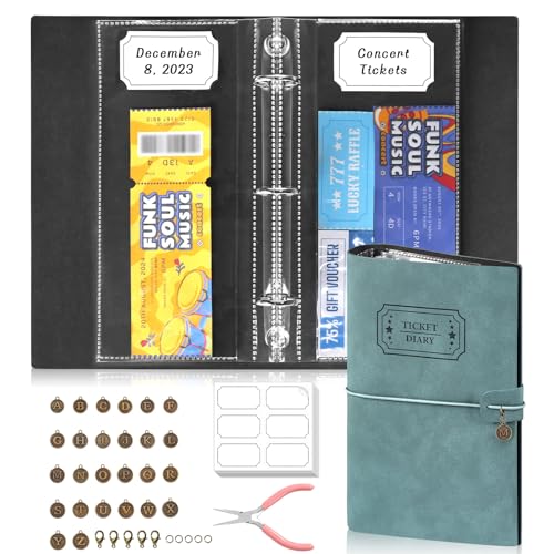 Image of Blue PU Leather Ticket Stub Diary 3 Hole Ticket Stub Holder Album 6 x 9 Inch Ticket Stub Organizer with 40 PVC Pockets 42 DIY Stickies 26 Letter Charms for Collect Movie Concert Tickets Receipts