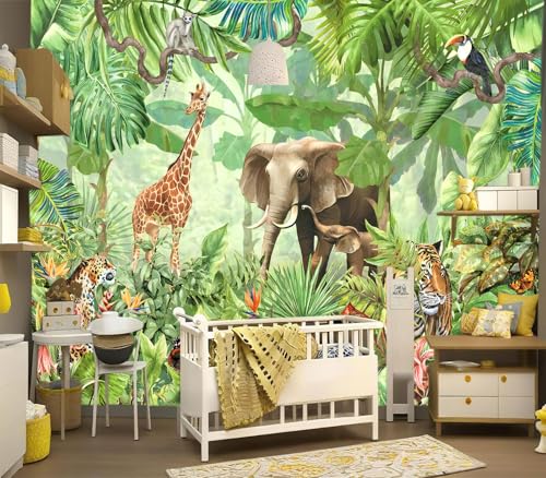 YIHWM-Peel and Stick Tropical Plants Animal Wallpaper Rainforest Jungle Botanical Leaves Boys Children's Nursery Bedroom Large Self-Adhesive wall mural-118 x85（69 Square Foot）