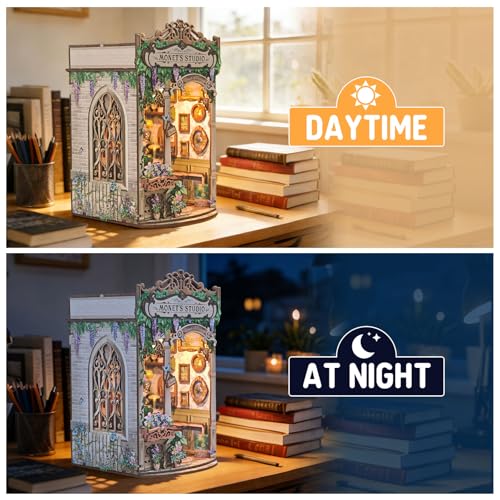 Image of Monet's Studio Book Nook Kit with LED Light & Dust Cover, DIY Miniature House Kit, 3D Wooden Puzzle Bookshelf Decor Model Building Kit, Christmas Birthday Gifts for Family, Friends