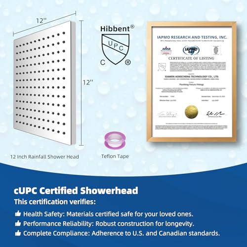 Hibbent cUPC Certified Thickness Metal Shower Head, 12'' High Pressure Shower Heads, Square Large Bathroom Rainfall Shower Head with Adjustable Brass Ball Joint, Waterfall Full Body Coverage, Chrome by Hibbent - Used condition - Image 6