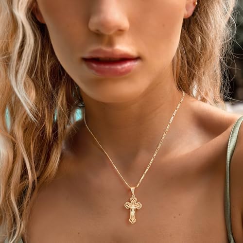 Gold Cross Necklace for Women - 14k Gold Plated Cross Pendant Necklaces,Trendy Non Tarnish Adjustable Golden Chain with Crucifix Charm,Catholic Jesus Pendants Jewelry,Religious Faith Gifts for Her3