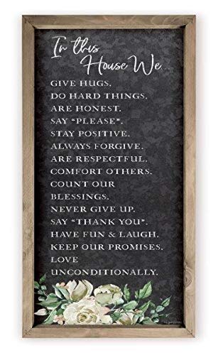 In This House We Give Hugs Framed Wood Wall Sign 9x18 (Frame Included)