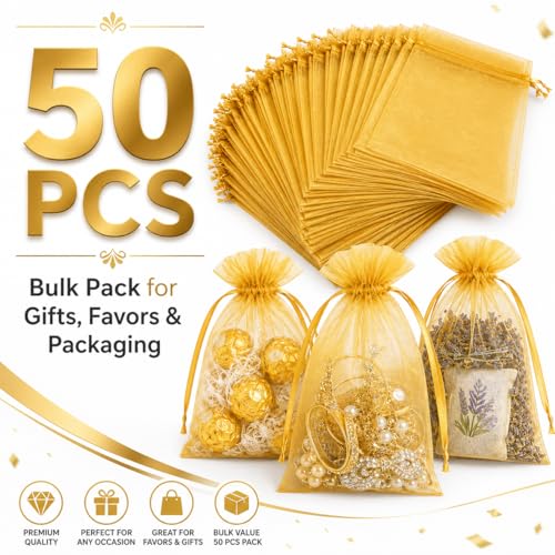 Image of Hopttreely Gold Organza Gift Bags 6x9 Inch, 50PC High-Density Drawstring Mesh Favor Packaging for Jewelry Candy Sachet Goodie, Mini Mesh Favor Bags for Graduation Wedding Baby Shower Birthday Party Gifts