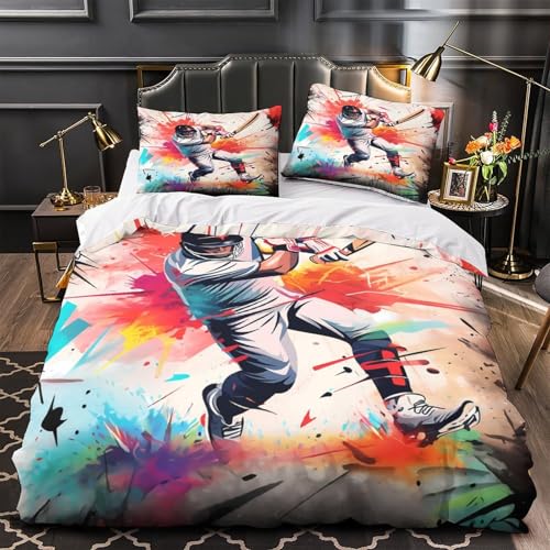 RJAVAGFZL Aktionen eines Cricketspielers 3D-Bedruckt 3er-Set Bettdeckenbezug Sportillustrationsstil Steppbezug Mikrofaser Hypoallergen Reißverschluss für Jungen Männer Frauen Double（200x200cm）