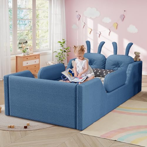 Image of Twin Size Kids Bed with Rabbit Cushions, Upholstered Boucle Fabric Platform Floor Twin Daybed with Removable Side Rail, Space-Saving Wooden Corner Sofa Couch Bed Frame for Girls, Boys, Teenager(Blue)