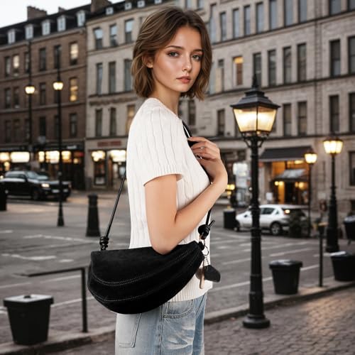 Image of Small Suede Dumpling Crossbody Bag for Women, Hobo Shoulder Purse with Cute Baseball Charms & Adjustable Strap