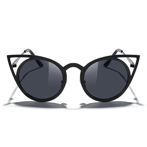 MERRY'S Cat Eye Sunglasses Round Metal Cut-Out Flash Mirror Lens Sun glasses S8064 - Black - 50 Millimeters