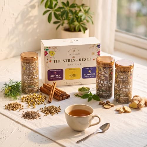 Image of TeaTreasure Stress Reset Ritual Kit - CCF+, Stress Relief & Sleep Herbal Tea Combo | Ayurvedic Blend for Digestion, Anxiety Relief, Focus & Better Sleep | Caffeine-Free