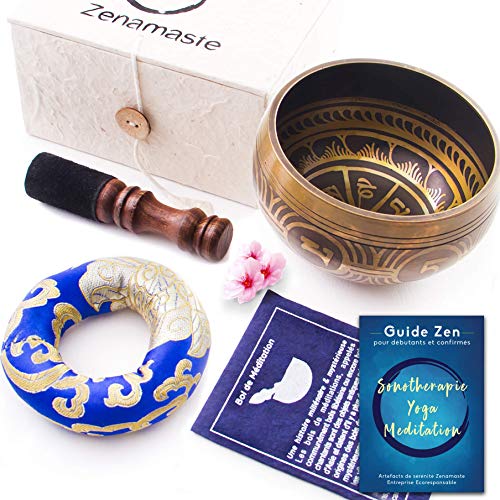 Coffret Bol Tibétain de Méditation Zenamasteu00ae u0095 Fait à la main dans la cité de Bhaktapur au Népal u0095 350gr - ?8,9cm u0095 + Coffret en papier népalais avec Coussin et Maillet en bois