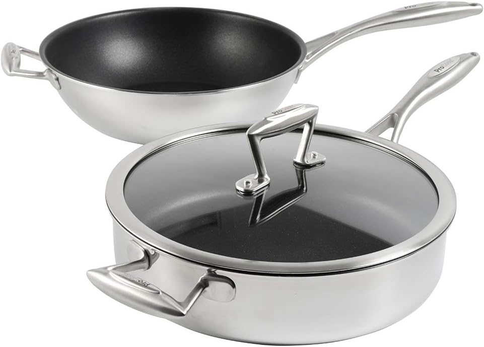 Elite Tri-Ply Non-Stick Wok and Saute Pan - Stainless Steel Pan Set - 28cm - Induction Pans - Saute and Stir-Fry Meat, Vegetables and More - Toughened Glass Lid - Heat-Resistant Handles