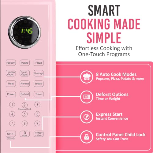 Image of Nostalgia Retro Microwave Oven - 1.1 Cu Ft, 1000-Watt Countertop Size with Glass Turntable, Child Safety Lock, 8 Auto-Cook Programs, Digital Clock - Pink