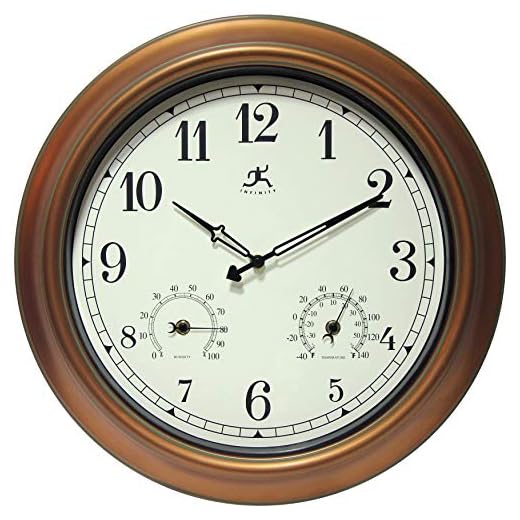 Infinity Instruments Craftsman 18 inch Copper Petina Outdoor Clock Thermometer Combo Patio Waterproof Large Wall Weather Station Weatherproof Decorative Outdoor Wall Clock Thermometer Hygrometer