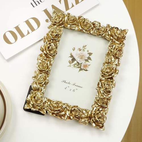 Vintage Gold 4x6 Picture Frame, Gold Ornate Rose Flower Resin Photo Frame with Glass Front for Tabletop or Wall Hanging, Antique Picture Frames for Home Office Decor