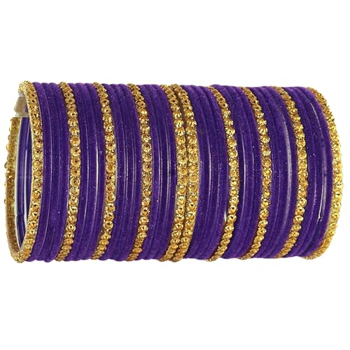 Image of NMII Premium Glass & Golden Beads Velvet Bangle Set For Women and Girls | Velvet Chudi | Traditional Chudi Set | Designer Girl's Bangles Bracelet | Wedding, Party, Festive, Daily- Set of 34