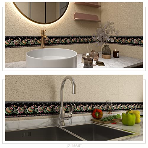 Jz·home 903 Floral Wallpaper Border Peel And Stick 3D Embossed Flowers Leaves Wall Border 4.2" X16.4Ft Black/Multicolor Self Adhesive Molding Easy To Apply For Kitchen Bathroom Furniture Decor #TOP1
