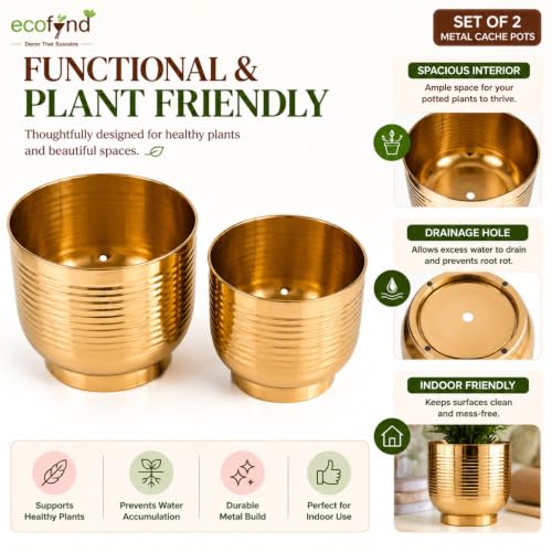 Image of ecofynd 2 Pack Metal Plant Pots (7 inch, 8 inch L), Indoor Small Planter Flower Pots, Home Garden Decor Planter for Living Room Bedroom Interior (Gold Finish, POT049)