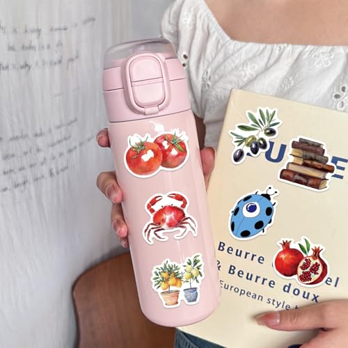 Image of 50Pcs Mediterranean Food Stickers, Cartoon Mediterranean Tomato Food Vinyl Decals for Decor Laptops, WLJIAO Aesthetic Cute Lemon Labels Sticker for Kids Teens Girls DIY Scrapbook Guitar