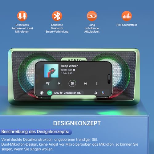 Karaoke Maschine mit 2 Kabellosen Mikrofonen,Karaoke Anlage HiFi mit 20W Bluetooth Lautsprecher,Partybox für Party,Outdoor,Geburtstag (Grün)