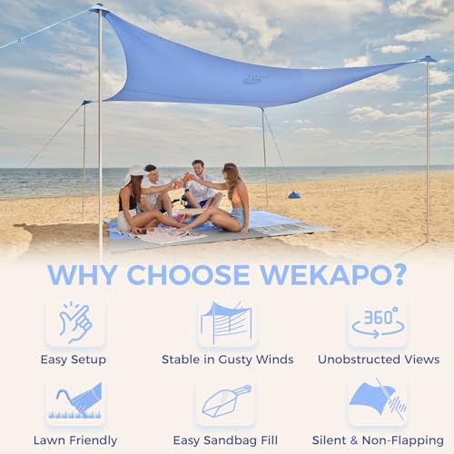 Image of WEKAPO Beach Tent Sun Shelter - Easy Setup Beach Canopy with 4 Sturdy Poles