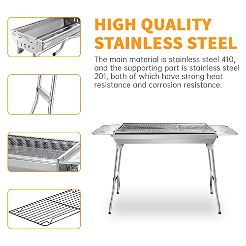 Sunjas Edelstahl Holzkohlegrill, Klappgrill Outdoor BBQ Grills, Portable Campinggrill, Standgrilll, Grillwagen Kohlegrill- 74 x 33.5 x 71.5