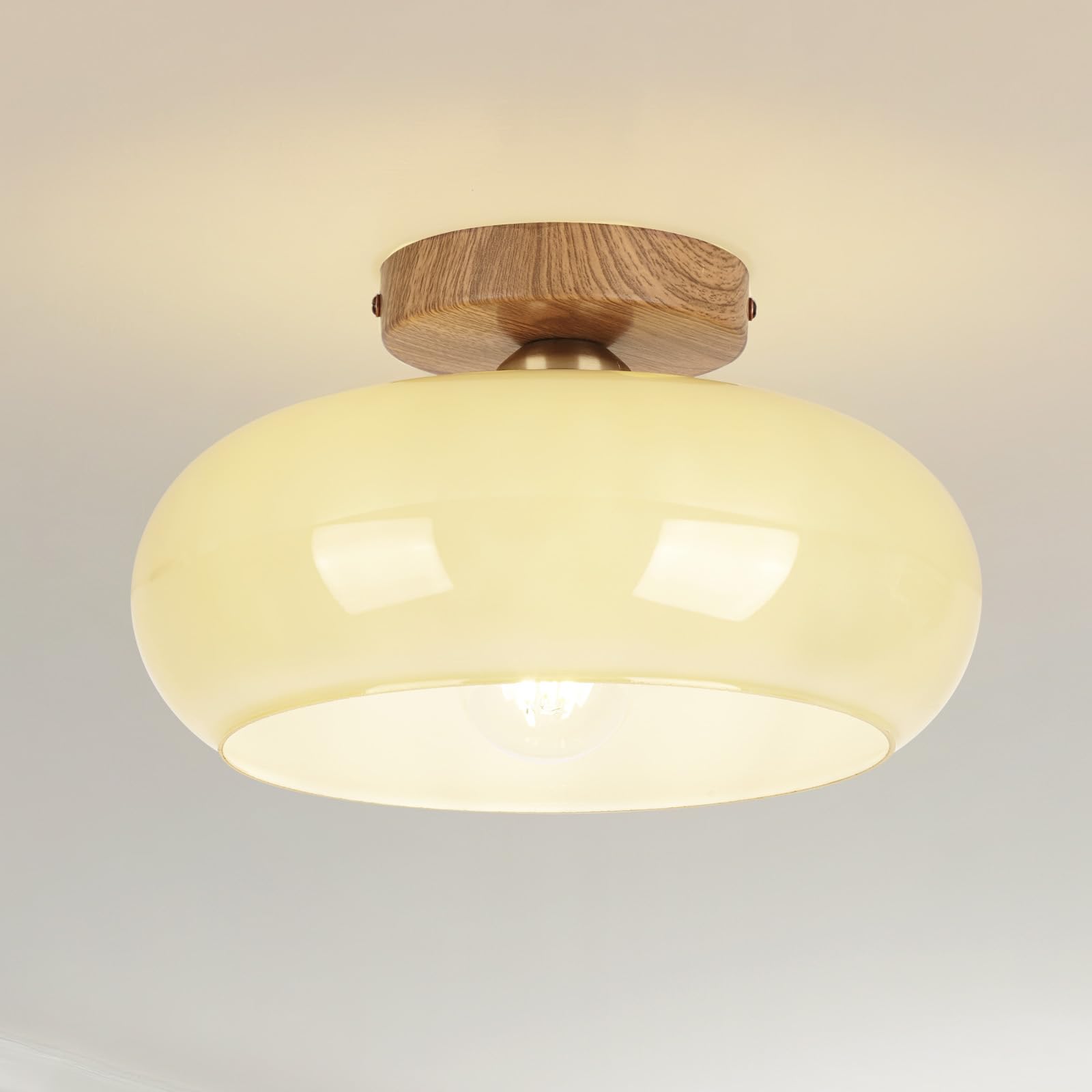 Photo 1 of CLARSYNE Mid Century Modern Schoolhouse Semi Flush Mount Ceiling Light, Cream Glass Lamp with Wood Grain Metal Base, Rustic Farmhouse Lighting Fixture for Bedroom, Hallway, Dining, Living, Entryway