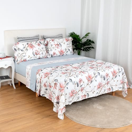 H HANSEL HOME Juego de Sábanas Cama 150, 150x190/200cm 4 Piezas, Microfibra Extra Suave, Sábanas Bajera Ajustable, Encimera, 2 Fundas de Almohada - Flores Rosas y Grises
