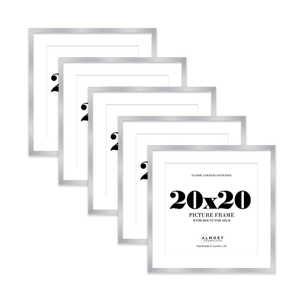 20x20 Silver Picture Frame with Mount for 18x18 Photos, Prints - Modern Square Wall Frame, Set of 5