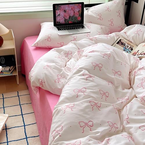 Image of Nayoroom Pink Bow Duvet Cover Twin Size Polka Dot Bowknot Coquette Duvet Cover 2 Pieces Soft Lightweight Microfiber Girls Cute Aesthetic Dorm Bedding Set