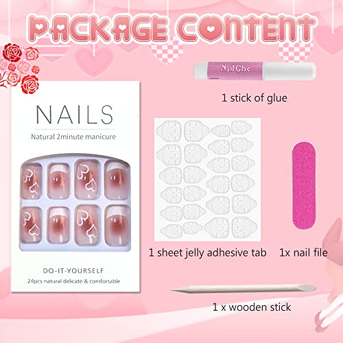 Valentine Heart Press On Nails Short Square Fake Nails French White Tip False Nails Pink Nude White Heart Exquisite Acrylic Nails Full Cover Coffin Glossy Nail Design For Women For Nail Art 24Pcs #TOP3
