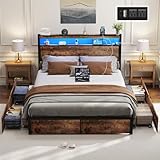 SADENICEL Queen Bed Frame with Storage Headboard and 4 Drawers, Metal Platform Bed Frame with LED Light, Charging Station, No Box Spring Needed, Noise Free, Easy Assembly, Vintage Brown