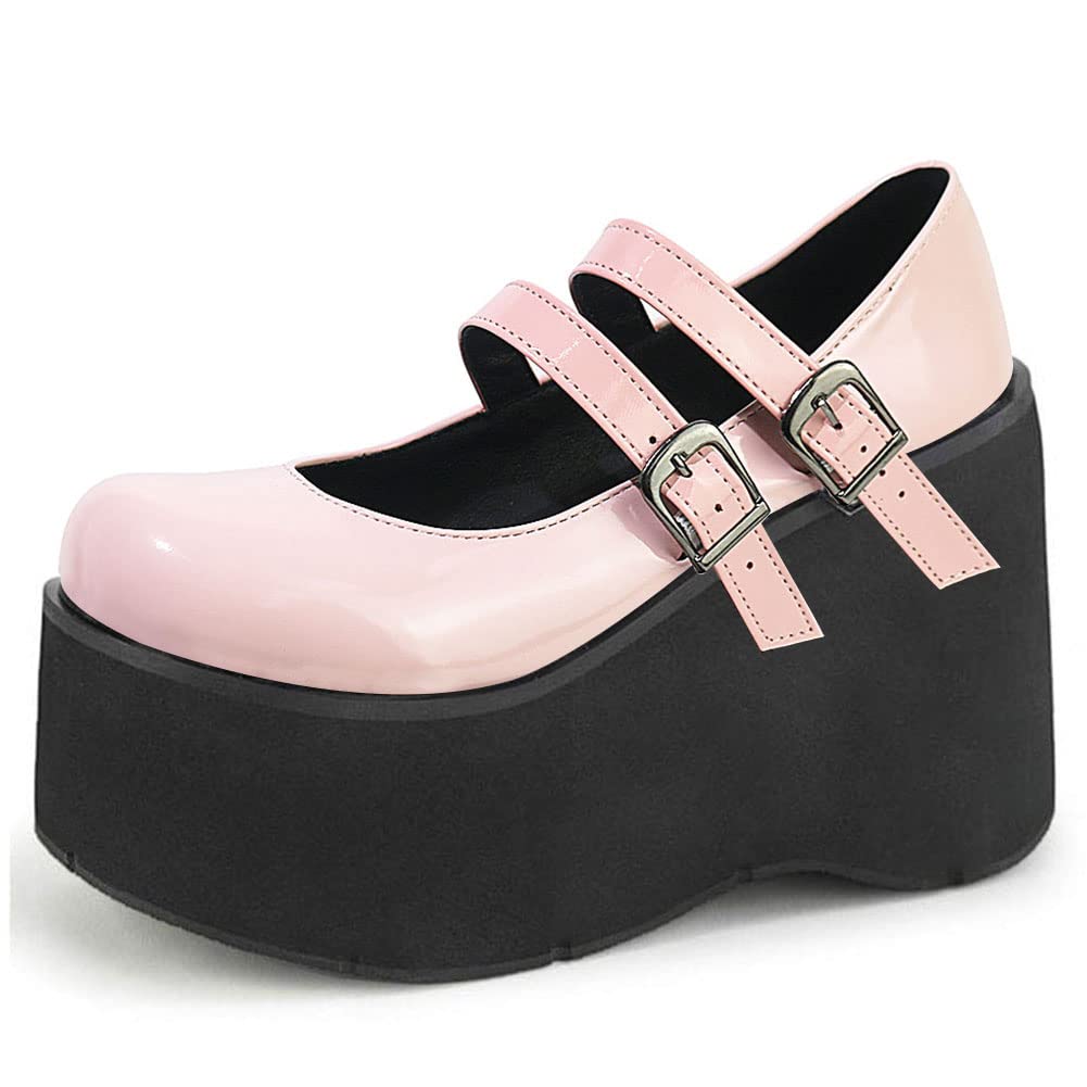 CELNEPHO Mary Jane Shoes for Women, Double Ankle Strap Mid Wedge Heel Platform Dress Shoes Gothic Pumps Shoes Pink