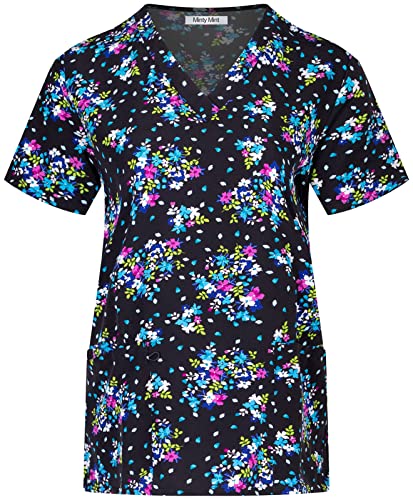 Minty Mint Women's Stretch Printed V-Neck Medical Scrub Top d5cb Black Floral S