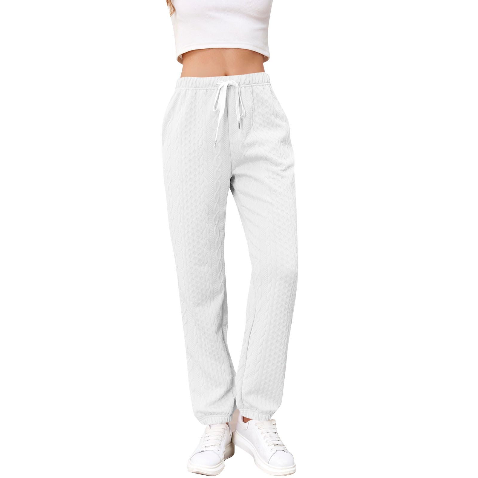 Sweatpants Womens Casual Winter Thermal Pants Warm Trousers High Waist Cinch Bottom Joggers Pockets Loungewear White
