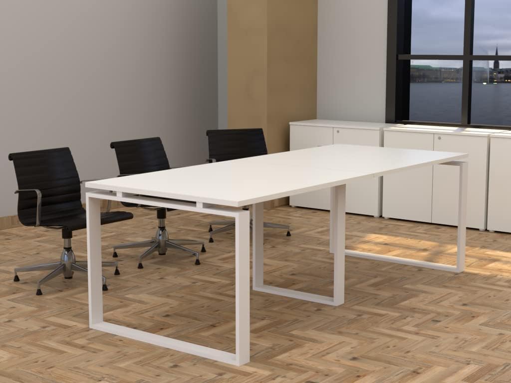 Mesa con Estructura metálica Marco Cerrado Blanco de 240x100, con pata retranqueada y Tablero melaminado Ideal para Sala de Juntas, reuniones, conferencias (Blanco)