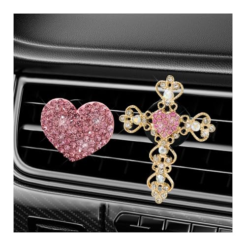 Image of 2 PCS Bling Car Vent Clip, Crystal Rhinestone Cross and Heart Car Air Fresheners Vent Clips, Diamond Car Air Conditioner Outlet Decoration Charm for Women, Car Accessories (Pink)