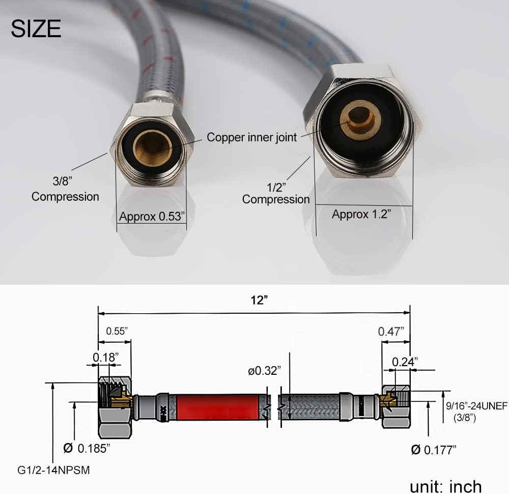 WOWOW 12 Inch Faucet Supply Hose Braided Nylon Supply Hose Sink Faucets Supply Line 3/8" Comp x 1/2" Comp Bathroom Faucet Line Replacement Parts Basin Faucet Hoses 2 PCS
