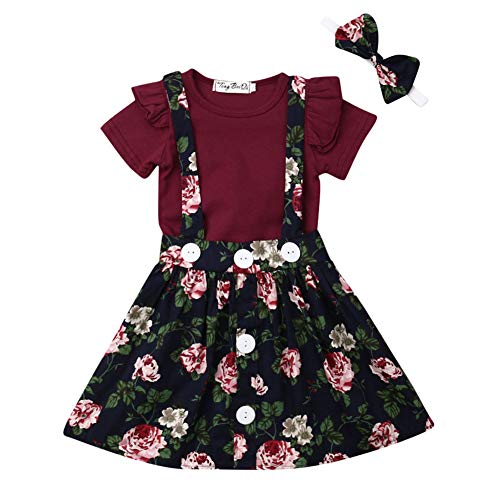 Baby Girl Clothes Short Sleeve Ruffle Romper Suspender Floral Skirt Outfit Set with Headband (6-12M, Burgundy+Dark Blue)