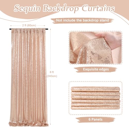Image of Rose Gold Sequin Backdrop Curtain 6 Pcs 2ftx8ft Wedding Party Backdrop Silver Sparkly Fabric Curtains for Wedding Christmas Party Decor
