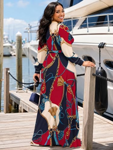Image of PinkPatty Women's Long Sleeve Maxi Dress Plus Size Trendy Wedding Guest Dress with Pockets&Belt