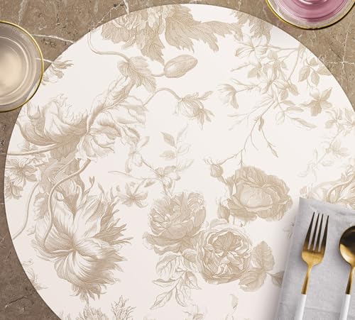 VINILIKO Design | Set de 4 Individuales de Mesa de Vinilo Esencia Floral Sepia 4u-[Diam] 40 cm - Pack de 4, Salvamantel, Impermeable, Lavable, Antimanchas, Antideslizante