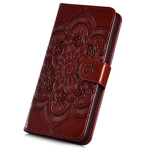 Surakey Hülle für Huawei Y6 Pro 2017 Handyhülle Brieftasche Stil Handytasche PU Leder Schutzhülle Flip Hülle Cover Mandala Blumen Muster Lederhülle Wallet Hülle Ständer Kartenfächer, Braun