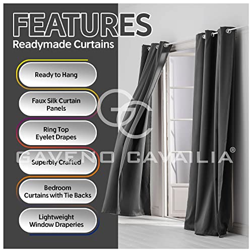 GC GAVENO CAVAILIA Faux Silk Eyelet Curtains for Living Room 100% Polyester Ring Top Fully Lined Drapes, Charcoal, 66x72 Inch - Image 2