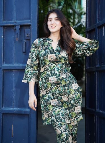 Image of NAINVISH Women Rayon Blend Floral Ethnic Co-Ord Set | Casual Wear Pant Top Set | Fancy | Full Pair Set | Co Ord Set Stylish | Winter | Top & Pant Set