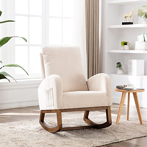 Pawom Mid-Century - Mecedora moderna para habitación infantil y sala de estar, sillón acolchado con respaldo alto, patas de madera de caucho estables, balancín cómodo para relajarse y leer