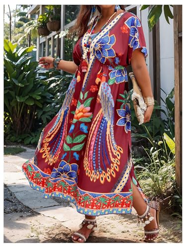 Image of Floerns Women's Plus Size Tribal Print Dolman Sleeve Slit Summer Maxi A Line Dress