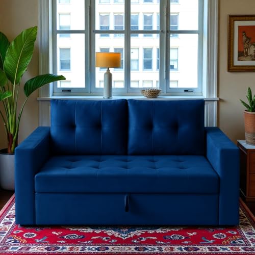 Image of Furny Treven 2 Seater Fabric Pull-Out Sofa Cum Bed (Blue) | Soft Velvet Fabric | Modern Design | Comfortable Seating | Living Room Furniture