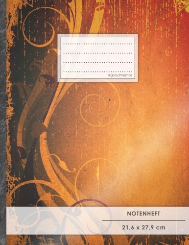 Notenheft: DIN A4 • 48 Seiten, 24 Blatt, 12 Systeme, „Orange“ • Original #GoodMemos Schulheft • Mit Inhaltsverzeichnis und Seitenzahlen, Noten-Lineatur 14